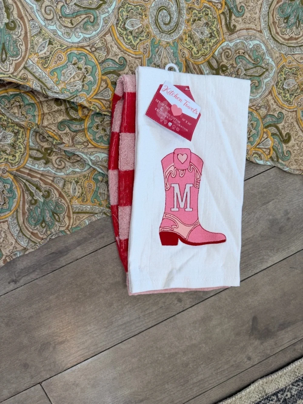 New Boutique Western Kitchen Towel Set ‘M’ Monogram Cowboy Boot/Checkered Cotton